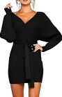 Womens  Cocktail Batwing Long Sleeve Backless Mock Wrap Knit Sweater No Belt