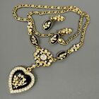 Vintage Signed MFA Heart Pendant Necklace Clip On Earrings Gold Tone Rhinestones