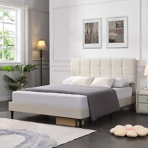 Platform Bed Frame with Fabric Upholstered Headboard and Wooden Slats Full/Queen