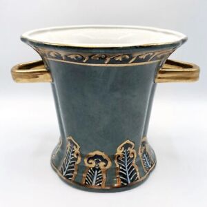 Vintage Porcelain Ring Cup Vase - Hand Painted Teal, Gold, Black, Light Blue