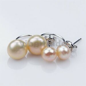 Women 925 Silver pink 8-10mm freshwater Cultured double Pearl  Earrings