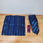 NWT Retro Paris Silk Slim Tie and Handkerchief Combo Black and Blue Stripe