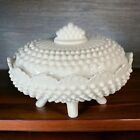 Vintage Fenton White Milk Glass Hobnail Footed Oval Covered Candy Dish w/ Lid