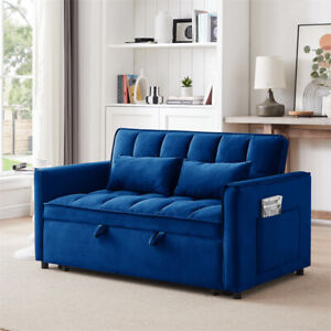 New Listing55In Convertible Blue Velvet Sleeper Sofa 3-in-1 Pull Out Bed Folding Sofa