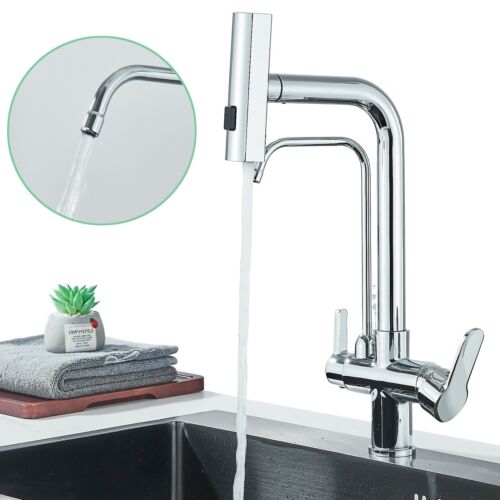 Chrome Kitchen Mixer Faucet 3Way with Pull Out Sprayer Water Filter Purifier Tap