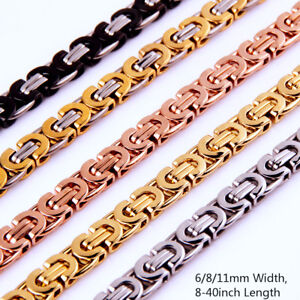 6/8/11mm Fashion Stainless Steel Byzantine Flat Chain Mens Womens Necklace 8-40