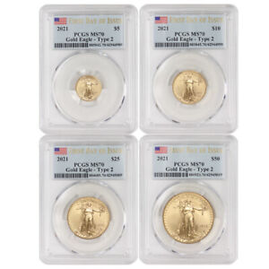 Set of 4 2021 Gold Eagles Type 2 PCGS MS70 First Day of Issue FDOI Eagle Coins