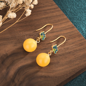 Yellow Amber Drop Dangle Earrings Minimalist Gemstone Hook 18K Gold Plated