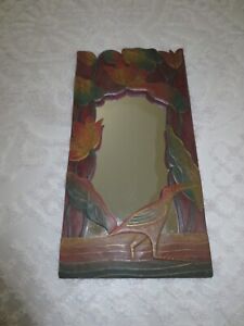 Tropical PELICAN BIRD & FLORAL Carved WOOD FRAMED MIRROR  - 10-1/2