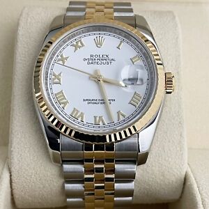 ROLEX DATEJUST 36 WHITE ROMAN YELLOW GOLD STAINLESS JUBILEE FLUTED ref: 116233