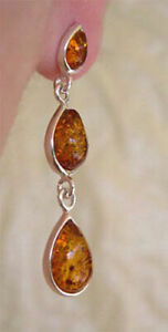 CHERRY, MULTICOLOR, HONEY or GREEN AMBER & STERLING SILVER THREE-STONE EARRINGS