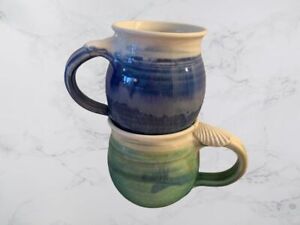 2 Artisan HandMade Drip Gloss Blue Green Stoneware Shell Handle Signed Mugs
