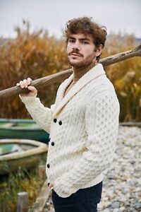 SAOL Aran Irish Fisherman Sweater Shawl Cable Knit 100% Merino Wool Cardigan