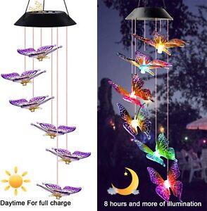 Solar Color Changing LED 6 Butterfly Wind Chimes Home Garden Patio Decor Light