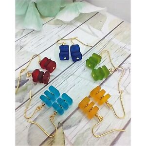 Stacked Square Sea Glass, Gold Dangle Earrings, Handmade, Ladies Fashion