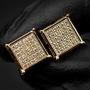 Men's  Gold Plated Iced Cz Canary Square Hip Hop Screw Back Stud Earrings
