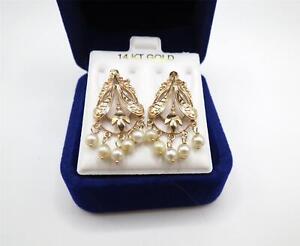 Antique vintage solid 14k gold and natural pearl chandelier earrings