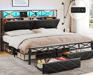King Size LED Bed Frame with Storage Headboard and 2 Drawers, Metal Platform Bed