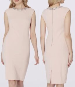 Tahari Blush Pink Jeweled/Beaded Neck Stretch Sheath Dress Size 12 MSRP $168