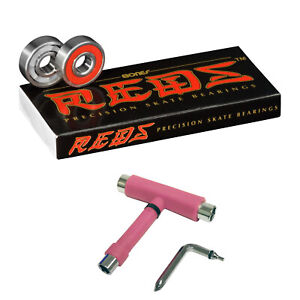 Bones Reds Skateboard Bearings 8mm Size 608 8 Pack + Spacers AND PINK T-TOOL