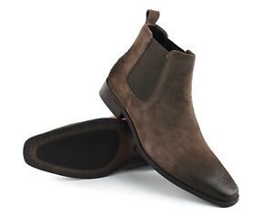 Genuine Suede Dark Brown Mens Dress Chelsea Boots Almond Toe Leather Lining AZAR
