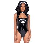 Nun Costume Vinyl Bodysuit Romper Cross Habit Veil Clergy Collar Set Sister 5028