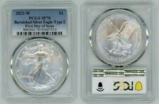 2021 W SILVER AMERICAN EAGLE BURNISHED TYPE 2 PCGS SP70 FIRST DAY OF ISSUE BLUE