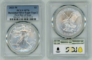 2021 W SILVER AMERICAN EAGLE BURNISHED TYPE 2 PCGS SP70 FIRST DAY OF ISSUE BLUE