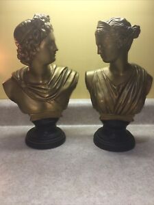 Alexander Backer gold Greek Roman Apollo Diana Busts Bookends  Chalkware abco
