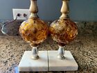 Vintage MCM Pair Of Lamps With Marble Base And Amber Glass Orbs