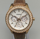 Fossil Stella Watch Women 38mm Pave Rose Gold Tone ES3104 Leather New Battery