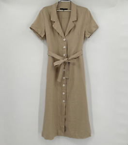 Quince Driftwood Linen Button Front Midi Dress sz M A-Line Belt Short Sleeve PO