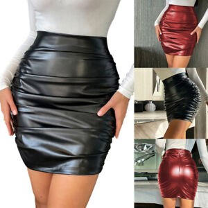 US Womens PU Leather Pencil Skirt High Waist Invisible Bodycon Skirts Clubwear