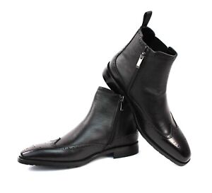 Men's Exclusive Genuine Leather Black Wing Tip Chelsea Boots With Zipper AZAR