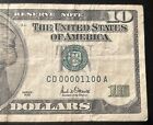 (6 OF A KIND/TRUE BINARY!) $10 Old Rare Low Sum Fancy Serial Number CD00001100A