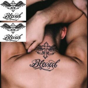 2 x Blessed Cross Wings Temporary Tattoo For Men Cool Fake Tattoo Neck Arm Back