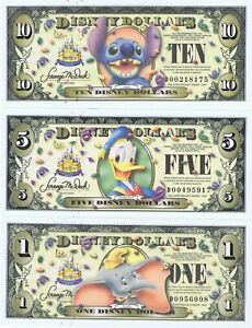 3 Notes Set 2005 D $1 $5 $10 UNC Disney Dollar Donald Stitch Dollars RARE w BC