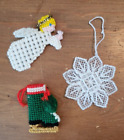 New Listing3 Vintage Handmade Yarn Plastic Canvas Christmas Ornaments ~ Angel, Skate, Snow