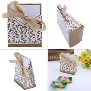 10PCS Sweet Wedding Party Favor Ribbon Gift Bags Candy Paper Boxes Gloden