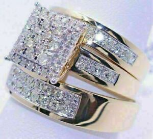 3.00Ct Lab-Created Diamond 14K Yellow Gold Plated Trio His Her Wedding Ring Set