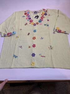 New Women's Storybook Knits Flowers Bugs Spring Cardigan Vintage 2X Green, Tags