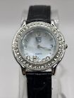 NY&C Women's Watch Floating Crystals Black Leather Band MOP Dial- New Battery