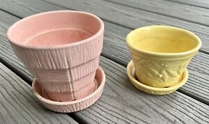 Vintage McCoy Ceramic Pottery Flower Pots Yellow Pink Attached Saucer NC Estate