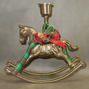 VTG Brass Rocking Horse Taper Candle Holder Holiday Christmas Sculpture 6.75