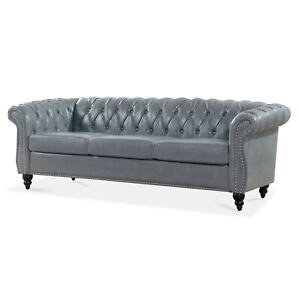 New Listing84inch Grey PU Rolled Arm Chesterfield Three Seater Sofa Living Room Furniture