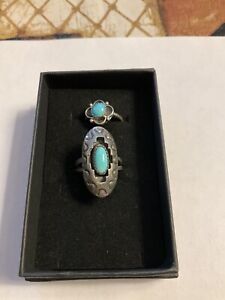 Vintage Southwest Style Set Of 2 Rings With Turquoise In Sterling Silver