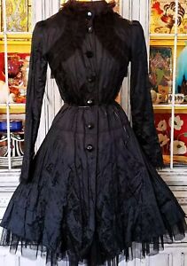 Vintage Betsey Johnson Y2K Black Crinkle Lace Tulle Trench Jacket Coat Dress S M
