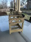 Beautiful Antique Hand Painted Wood & Wire  Birdcage with Top Hanging Ring-16.5”