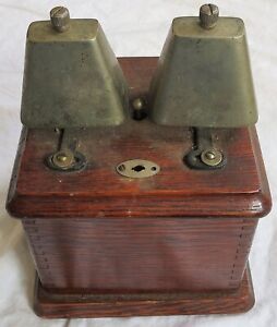Oak Telephone Cowbell Ringer Box Vtg Old Antique