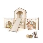 Large Rabbit Castle & Chew Toys - Set of Wooden Rabbit Hideout with 3 Chew To...